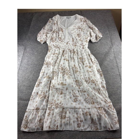 J Gee Dresses & Skirts - J GEE Floral Smocked Midi Dress White Tan Boho Coastal Tiered Lace V-Neck XL